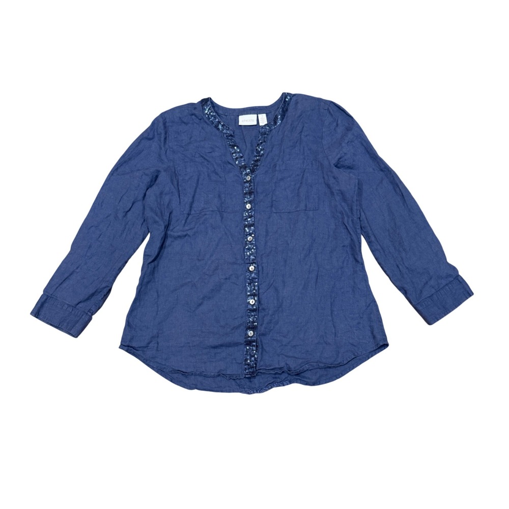 Chicos‎ Linen Blue Button Up Sequin Crochet Lace Back Top Size 2 Large